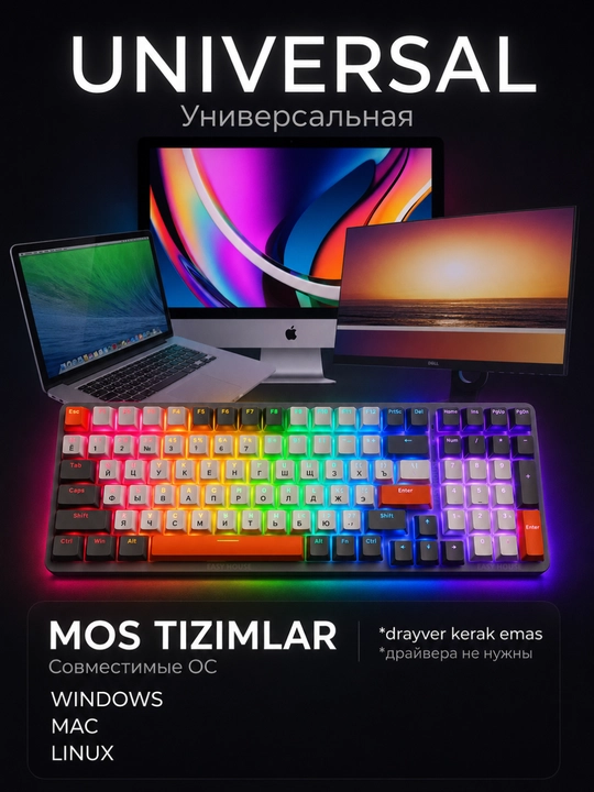 Mexanik klaviatura RGB yoritgichli, o'yin uchun keyboard, 100 tugma, qizil svitchlar