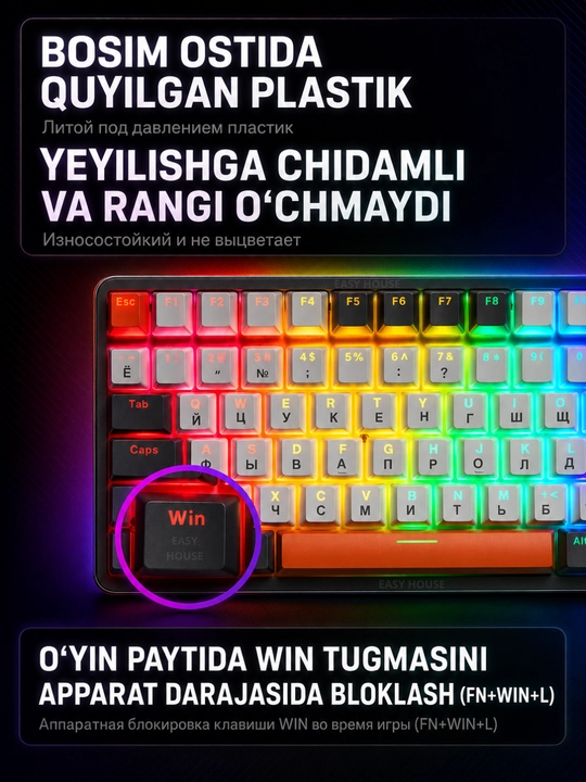 Mexanik klaviatura RGB yoritgichli, o'yin uchun keyboard, 100 tugma, qizil svitchlar