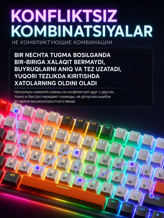 Mexanik klaviatura RGB yoritgichli, o'yin uchun keyboard, 100 tugma, qizil svitchlar