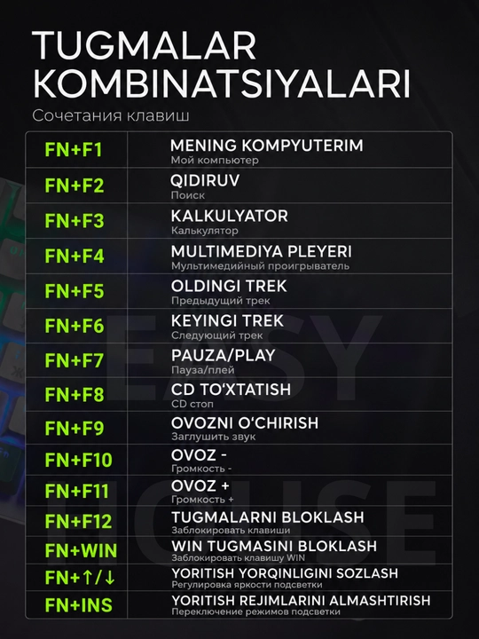 Mexanik klaviatura RGB yoritgichli, o'yin uchun keyboard, 100 tugma, qizil svitchlar
