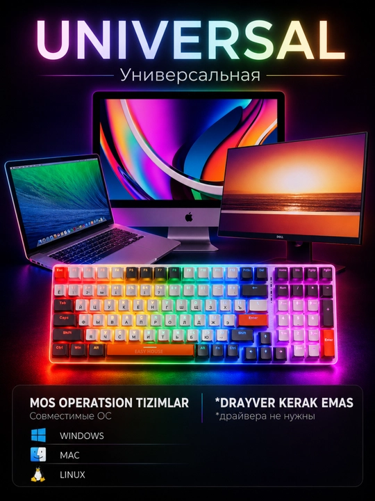 Mexanik klaviatura RGB yoritgichli, o'yin uchun keyboard, 100 tugma, qizil svitchlar