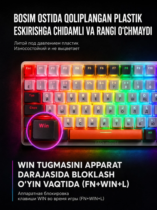 Mexanik klaviatura RGB yoritgichli, o'yin uchun keyboard, 100 tugma, qizil svitchlar