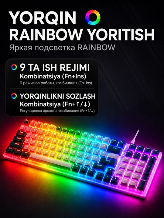 Mexanik klaviatura RGB yoritgichli, o'yin uchun keyboard, 100 tugma, qizil svitchlar