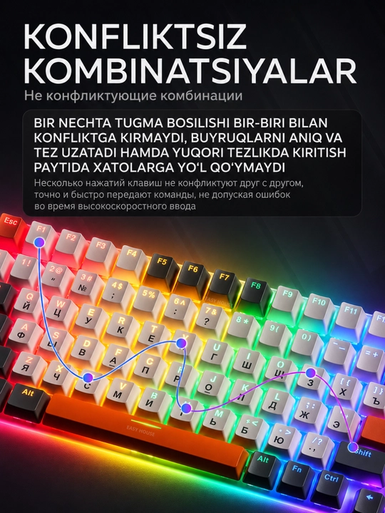 Mexanik klaviatura RGB yoritgichli, o'yin uchun keyboard, 100 tugma, qizil svitchlar