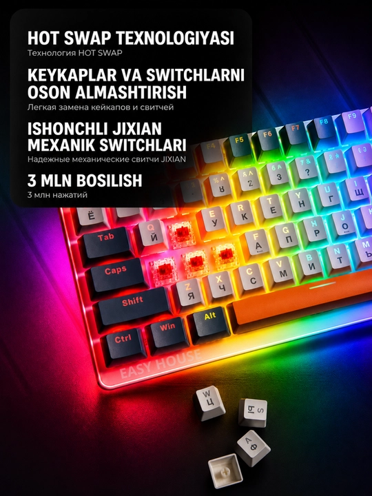 Mexanik klaviatura RGB yoritgichli, o'yin uchun keyboard, 100 tugma, qizil svitchlar