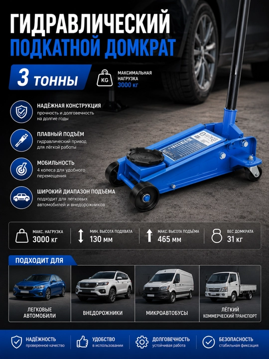 Гидравлический подкатной домкрат, 3 тонны - 