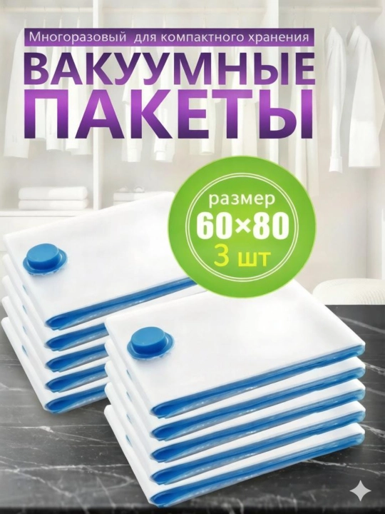 Вакуумные пакеты для одежды и хранения вещей 60*80 см 3 шт
