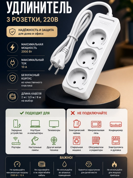 Удлинитель 3 розетки 220В — 2м / 3,5м / 6м