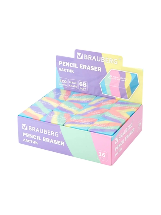 Ластик BRAUBERG, 34х34х14 мм, ЭКО ПВХ, 3шт