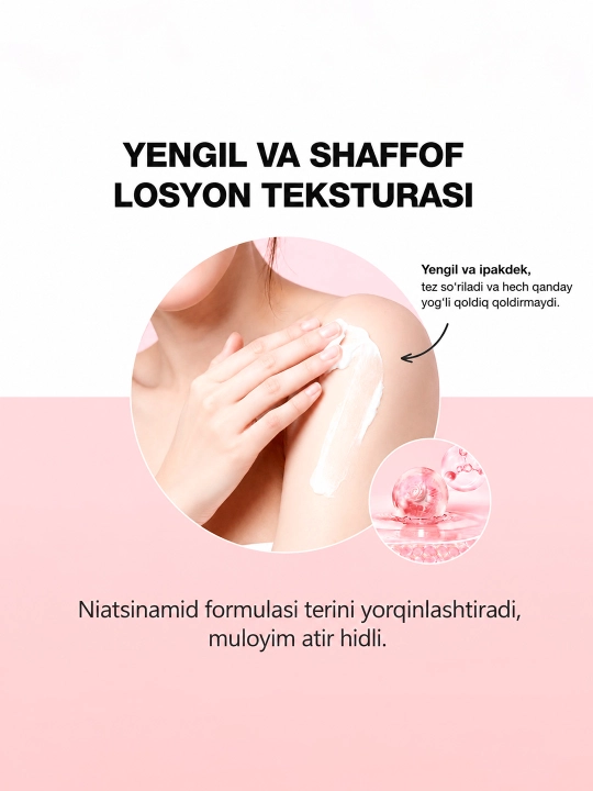 Oqartiruvchi tana losyoni SKINEVER, niasinamid, vitamin C va PDRN, 150 ml