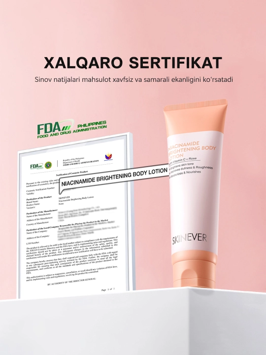 Oqartiruvchi tana losyoni SKINEVER, niasinamid, vitamin C va PDRN, 150 ml