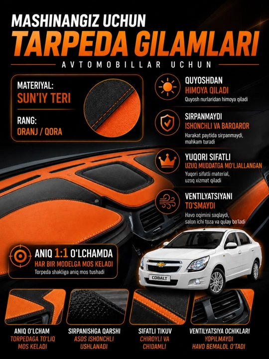 Cobalt, Lacetti, Spark, Nexia 1-3 uchun charmdan yasalgan torpeda uchun avtomobil gilami - 