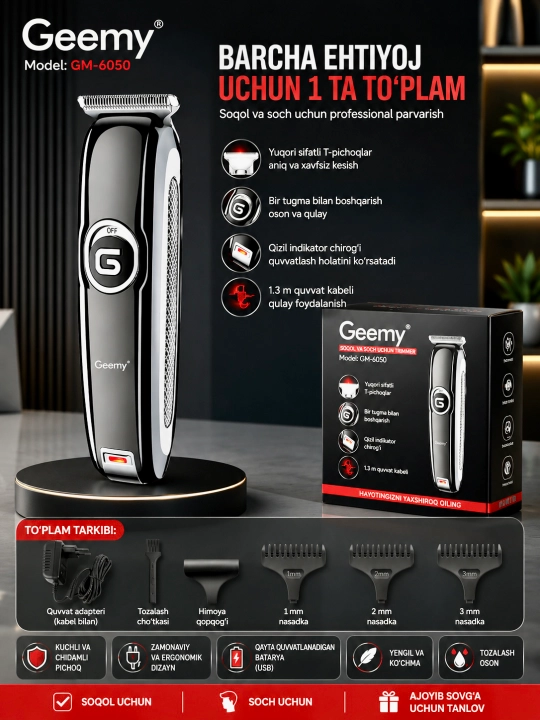 Geemy GM-6050 Soqol va soch uchun professional trimmer, 3 ta nasadka, to‘liq to‘plam
