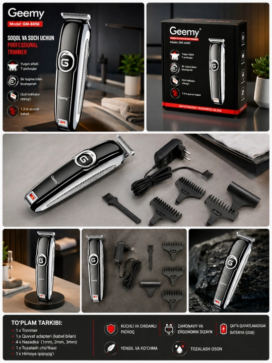 Geemy GM-6050 Soqol va soch uchun professional trimmer, 3 ta nasadka, to‘liq to‘plam