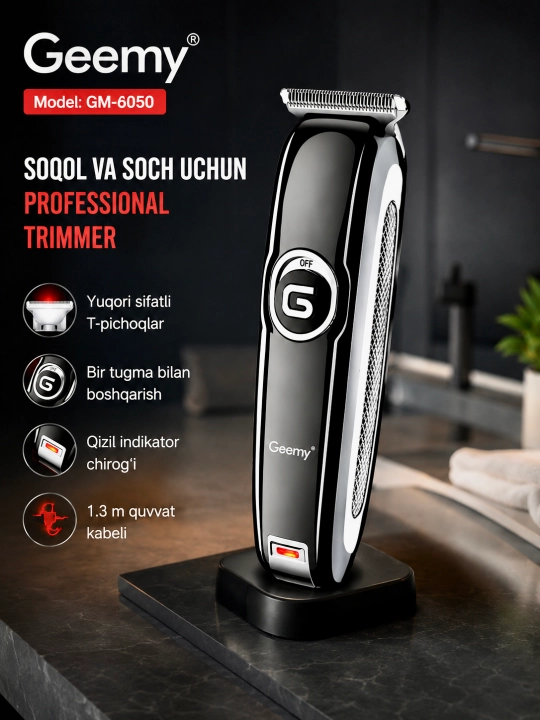Geemy GM-6050 Soqol va soch uchun professional trimmer, 3 ta nasadka, to‘liq to‘plam - 