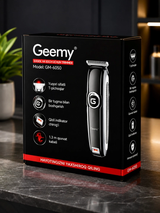 Geemy GM-6050 Soqol va soch uchun professional trimmer, 3 ta nasadka, to‘liq to‘plam