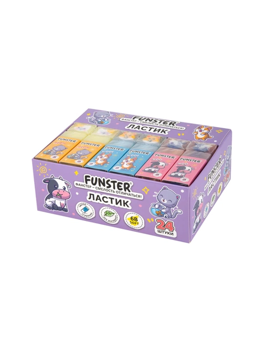 Ластик FUNSTER, 50х21х16 мм, прямоугольный, картонный держатель, 3шт