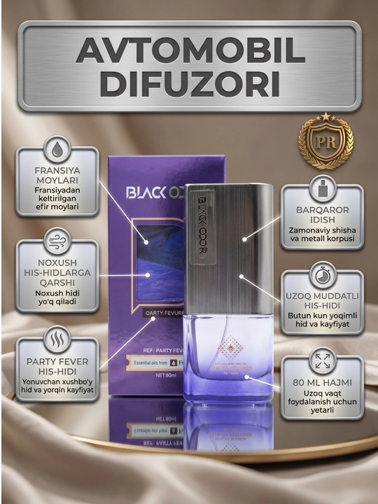 Avtomobil havo tozalagichi BLACK ODOR BO-45 Party Fever diffuzor, Fransuz atiri, 80ml