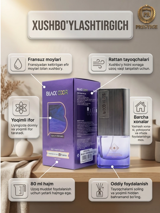 Avtomobil havo tozalagichi BLACK ODOR BO-45 Party Fever diffuzor, Fransuz atiri, 80ml