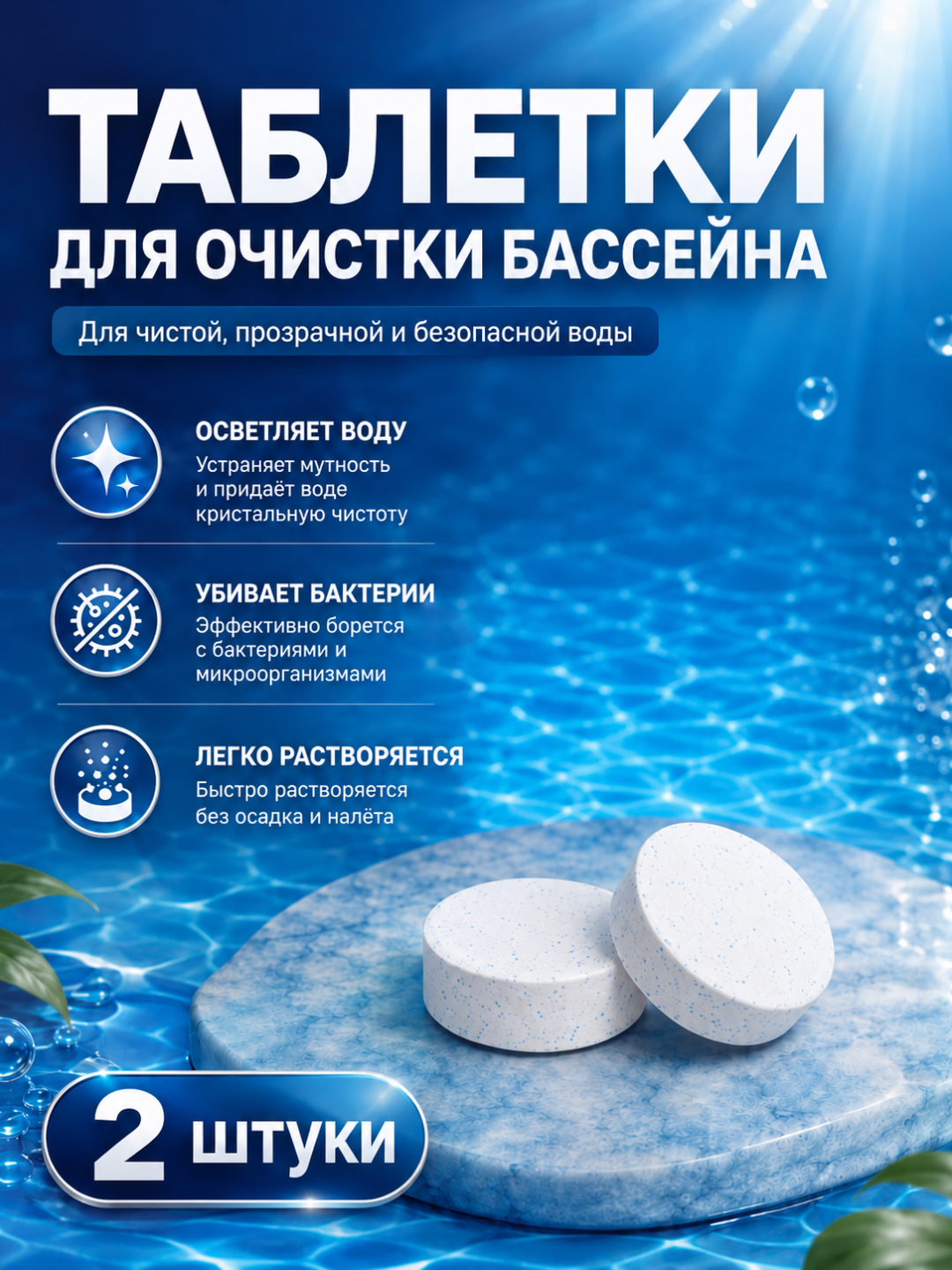 Таблетки для бассейнa, дезинфекция, хлор, альгецид, бактерицид, 5 штук - 