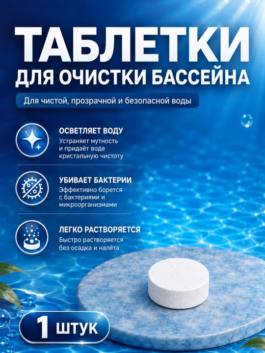 Таблетки для бассейнa, дезинфекция, хлор, альгецид, бактерицид, 5 штук - 