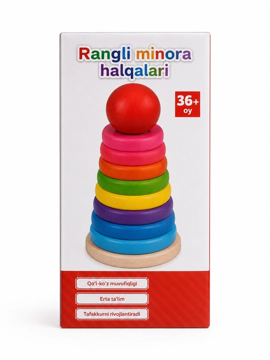 Kamalak halqali minora o‘yinchog‘i, rangli yog‘och piramidka