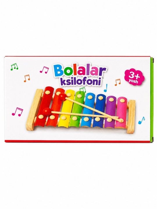 Rangli bolalar ksilofoni, yog‘och tayoqchali musiqiy o‘yinchoq - 