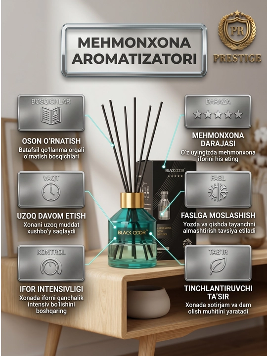 Avtomobil va uy uchun qamishli havo tozalagich Black Odor BO-12 diffuzor, 60g