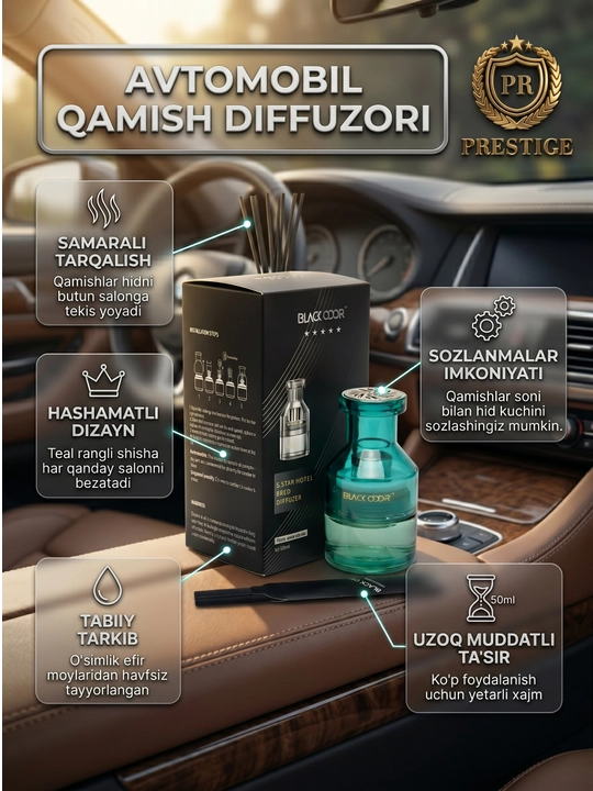 Avtomobil va uy uchun qamishli havo tozalagich Black Odor BO-12 diffuzor, 60g - 