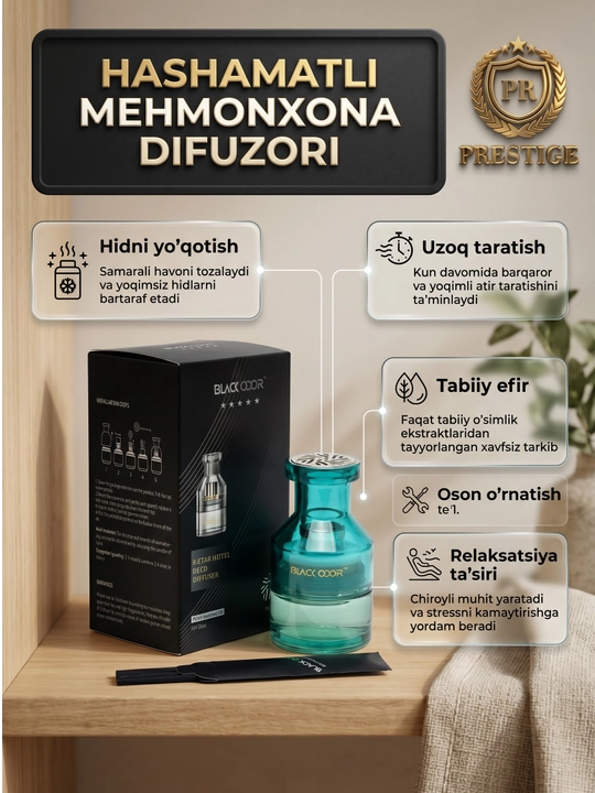 Avtomobil va uy uchun qamishli havo tozalagich Black Odor BO-12 diffuzor, 60g