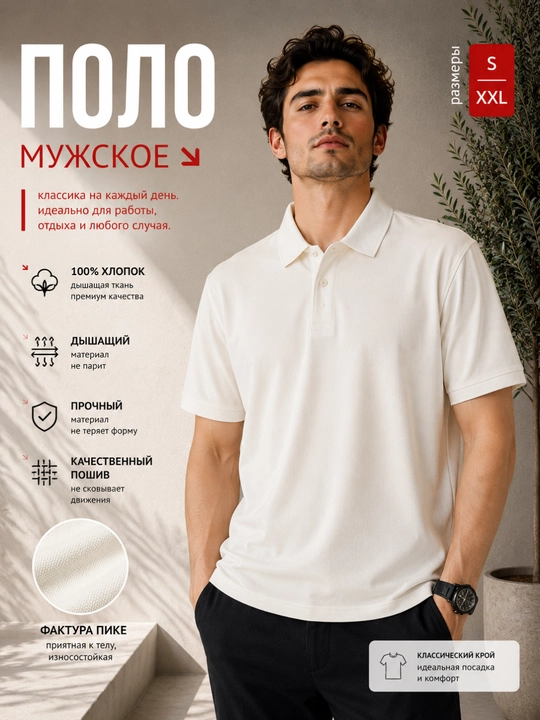 Мужское поло из 100% хлопка пике, классический крой, короткий рукав, размеры S–XXL - 