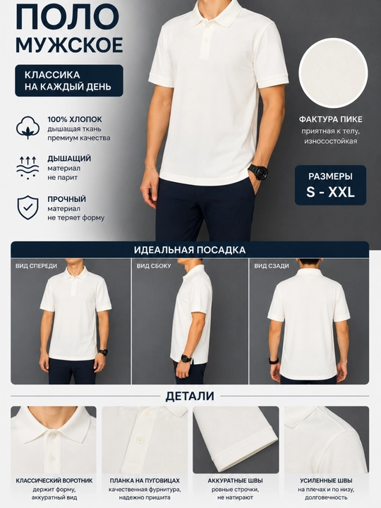Erkaklar uchun 100% paxtalik pike polosi, klassik bichim, kalta yengli, S-XXL o‘lchamlarda