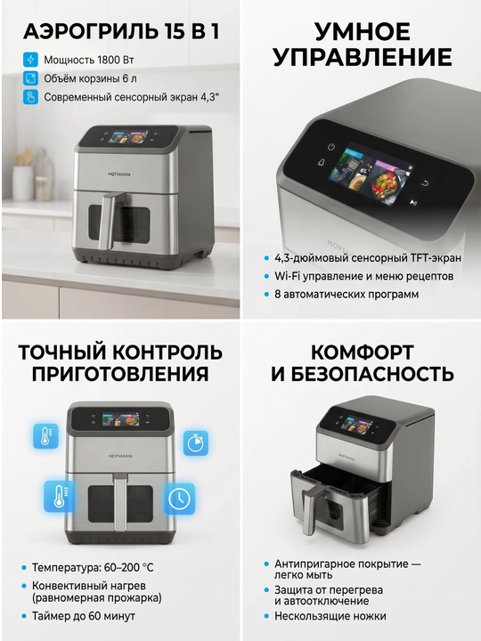 Аэрогриль HOFMANN SAF1812TDSS/HF,SAF1308TPBK/HF