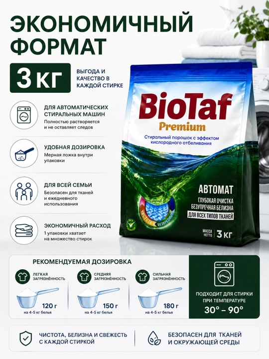 BioTaf Premium – Oqartirish effektiga ega premium avtomat kir yuvish kukuni!