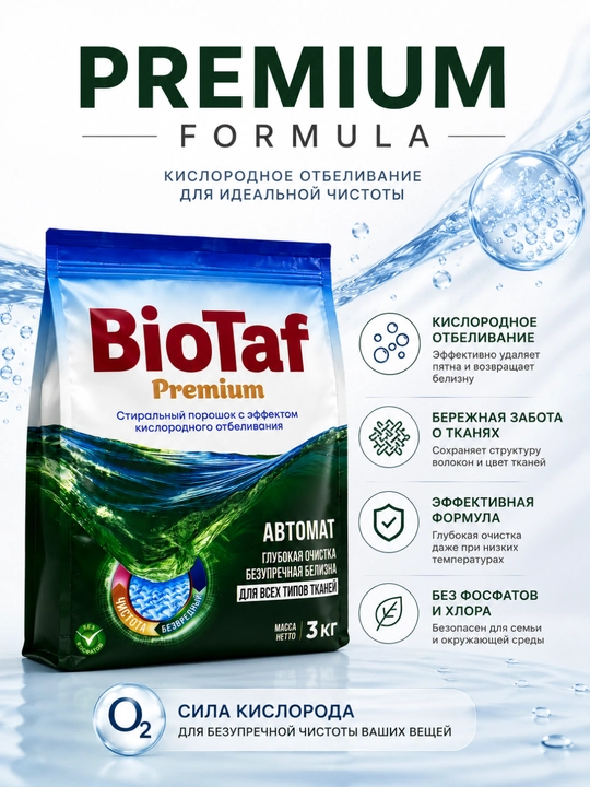 BioTaf Premium – Oqartirish effektiga ega premium avtomat kir yuvish kukuni!