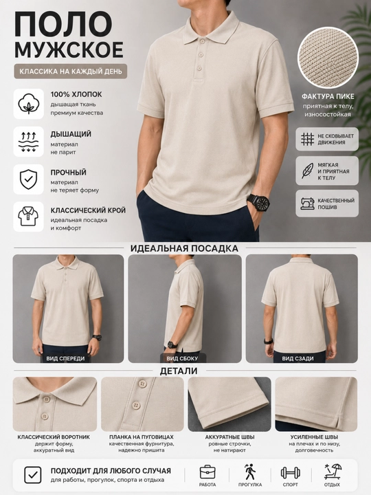 Erkaklar uchun 100% paxta pike polo, klassik bichimli, kalta yengli, S-XXL o‘lchamlarda