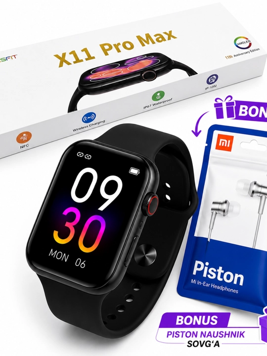 Android va iOS uchun X11 Pro Max Smart Watch aqlli soati, 45 mm + Piston quloqchinlari sovg‘a sifatida
