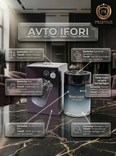 Avtomobil va uy uchun havo tozalagich BLACK ODOR diffuzor atir, 200g