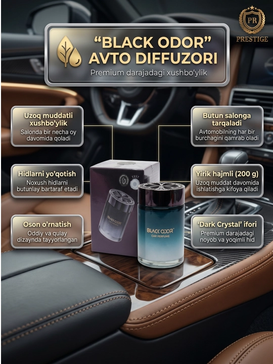 Avtomobil va uy uchun havo tozalagich BLACK ODOR diffuzor atir, 200g - 