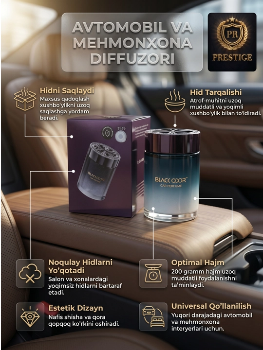 Avtomobil va uy uchun havo tozalagich BLACK ODOR diffuzor atir, 200g