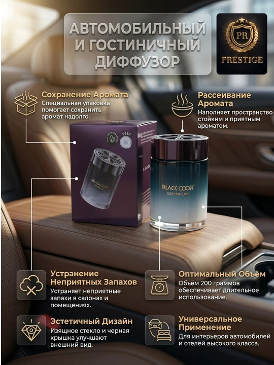 Avtomobil va uy uchun havo tozalagich BLACK ODOR diffuzor atir, 200g