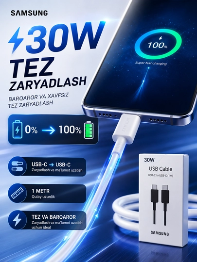 Samsung USB Type-C - Type-C zaryadlash va ma'lumot uzatish kabeli, 1 m, 30W, EP-DN705