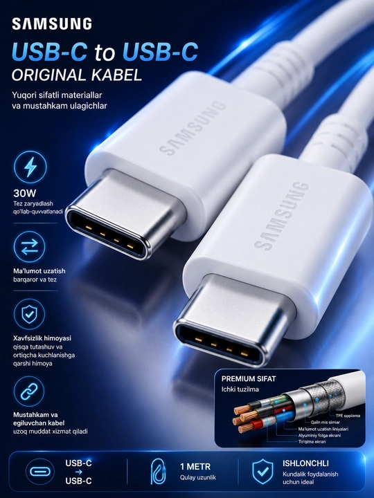 Samsung USB Type-C - Type-C zaryadlash va ma'lumot uzatish kabeli, 1 m, 30W, EP-DN705