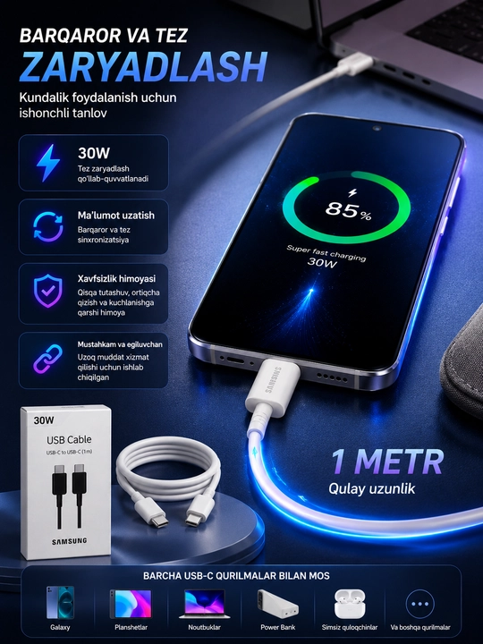 Samsung USB Type-C - Type-C zaryadlash va ma'lumot uzatish kabeli, 1 m, 30W, EP-DN705