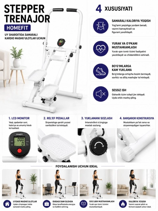 Stepper trenajyor HomeFit buklanadigan kardio fitness uskunasi qora oq rang