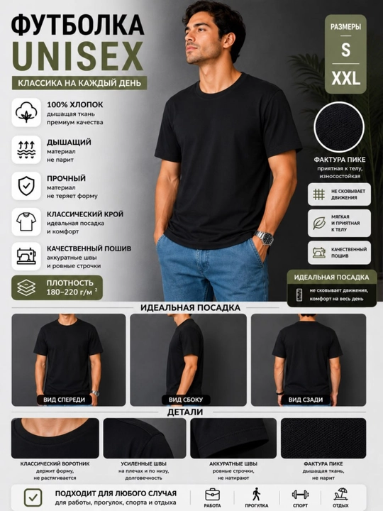 Erkaklar uchun paxtali futbolka, klassik bichimli bazaviy model, S–XXL