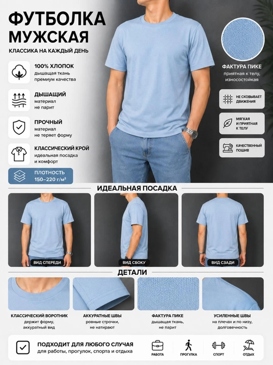 Erkaklar uchun paxtali futbolka, klassik bichimli bazaviy model, S–XXL