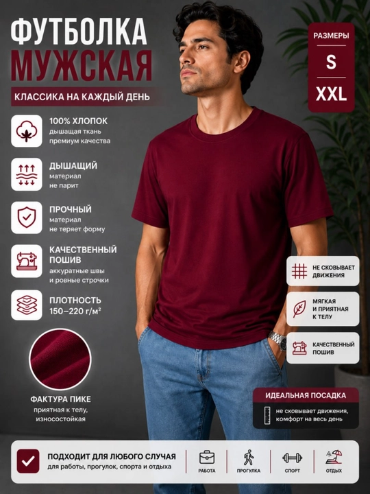 Erkaklar uchun paxtali futbolka, klassik bichimli bazaviy model, S–XXL