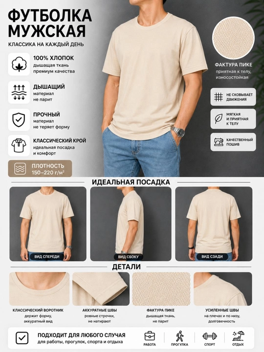 Erkaklar uchun paxtali futbolka, klassik bichimli bazaviy model, S–XXL