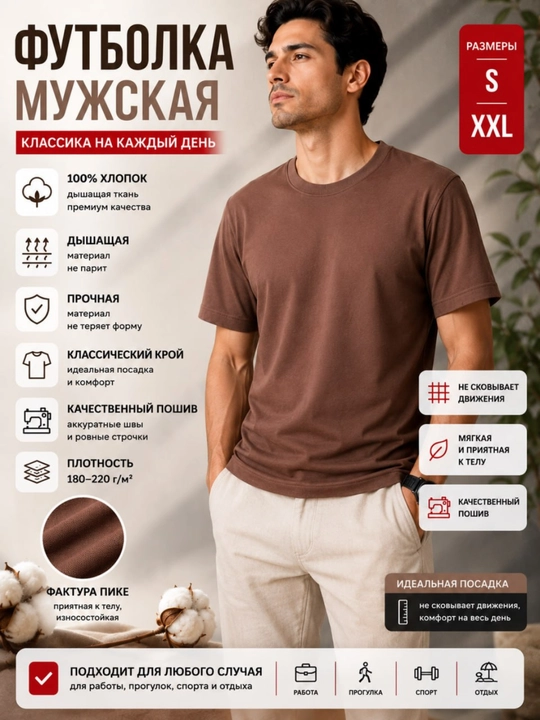 Мужская футболка из хлопка, базовая однотонная футболка классического - 
